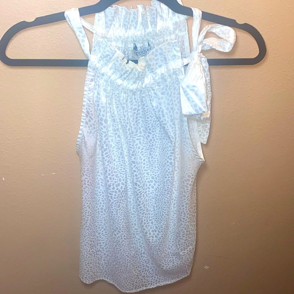 Glamaker White Silk-Like Jacquard Leopard Print Halter Top Ruched Mock Neck Slee